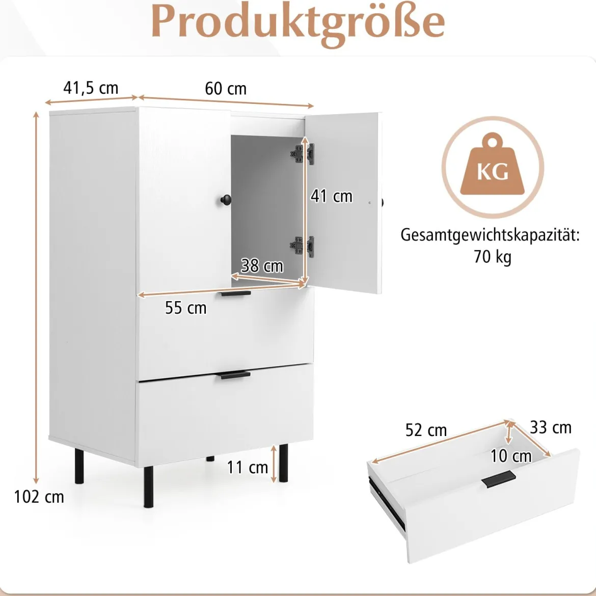 Sideboard Holz mit Metallbeinen Buffetschrank Servierschrank mit Schubladen & Türen 60 x 41,5 x 102 cm Weiß
