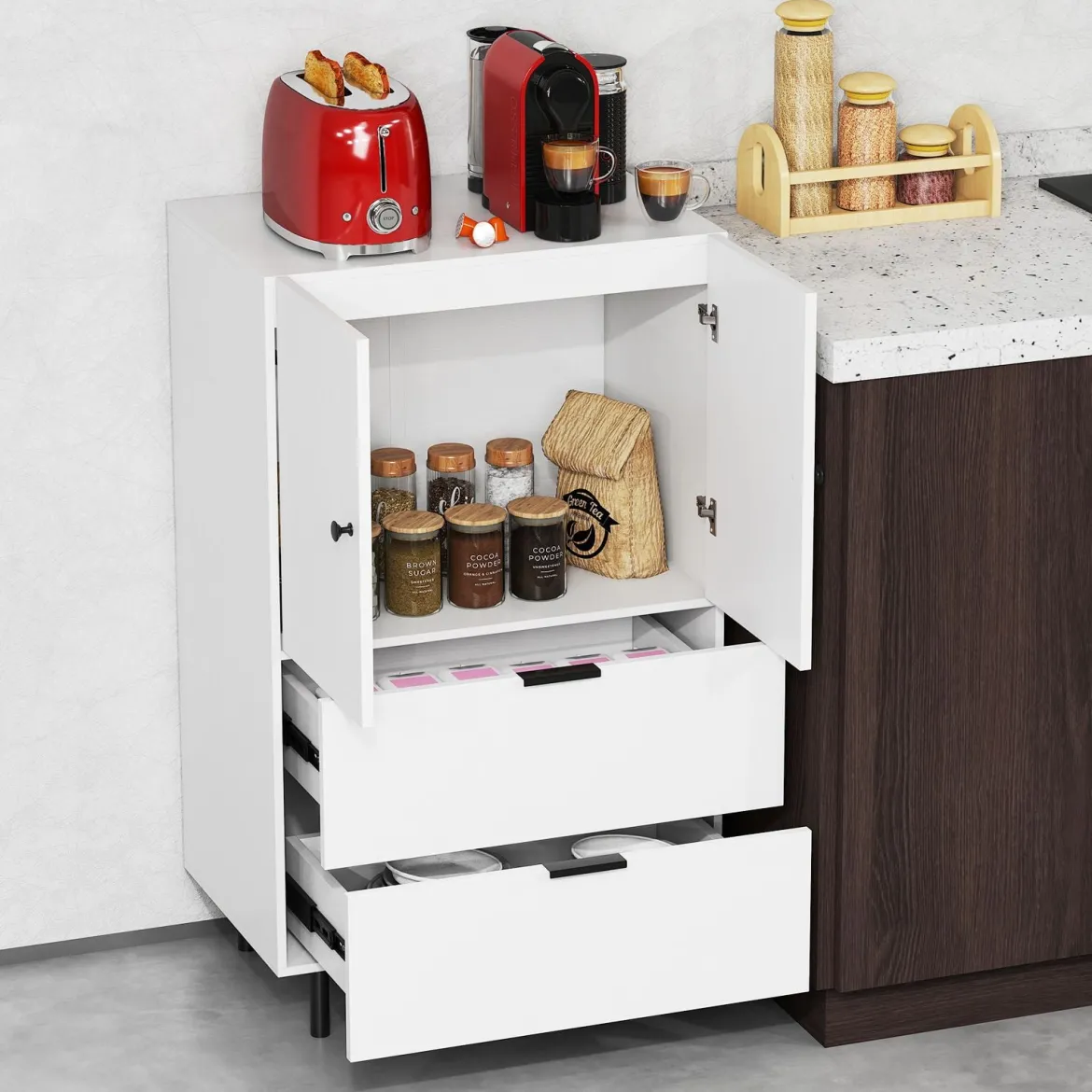 Sideboard Holz mit Metallbeinen Buffetschrank Servierschrank mit Schubladen & Türen 60 x 41,5 x 102 cm Weiß