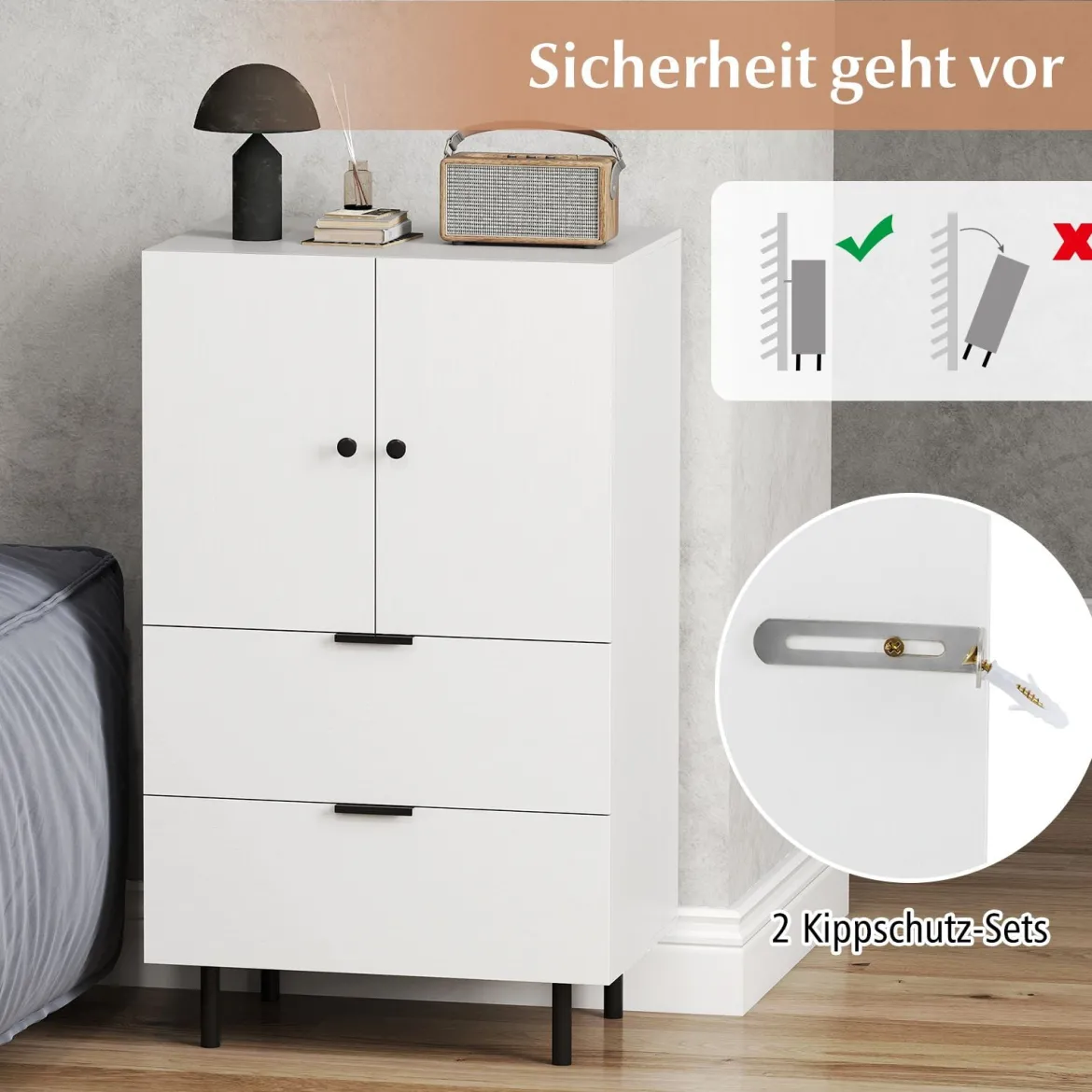 Sideboard Holz mit Metallbeinen Buffetschrank Servierschrank mit Schubladen & Türen 60 x 41,5 x 102 cm Weiß