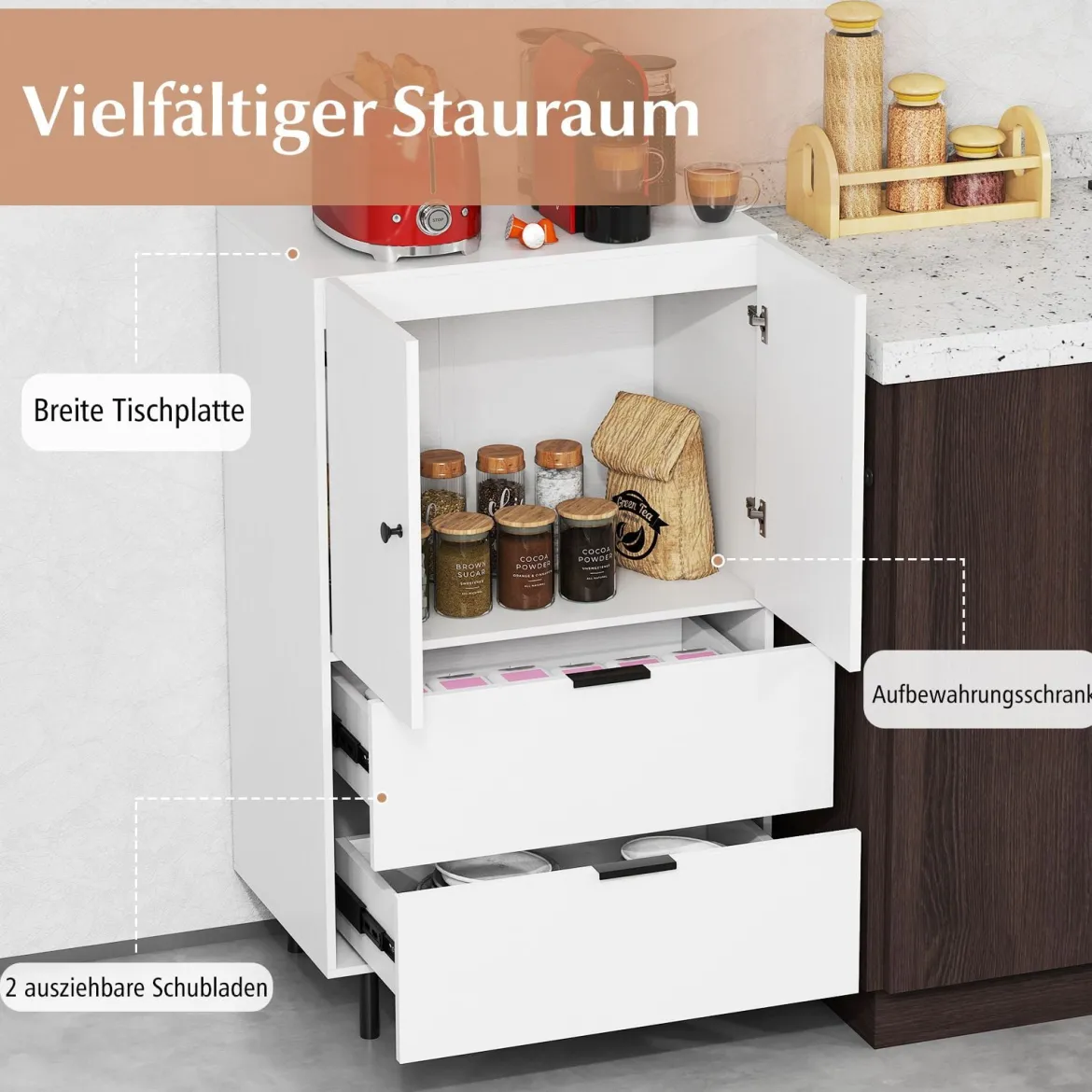 Sideboard Holz mit Metallbeinen Buffetschrank Servierschrank mit Schubladen & Türen 60 x 41,5 x 102 cm Weiß