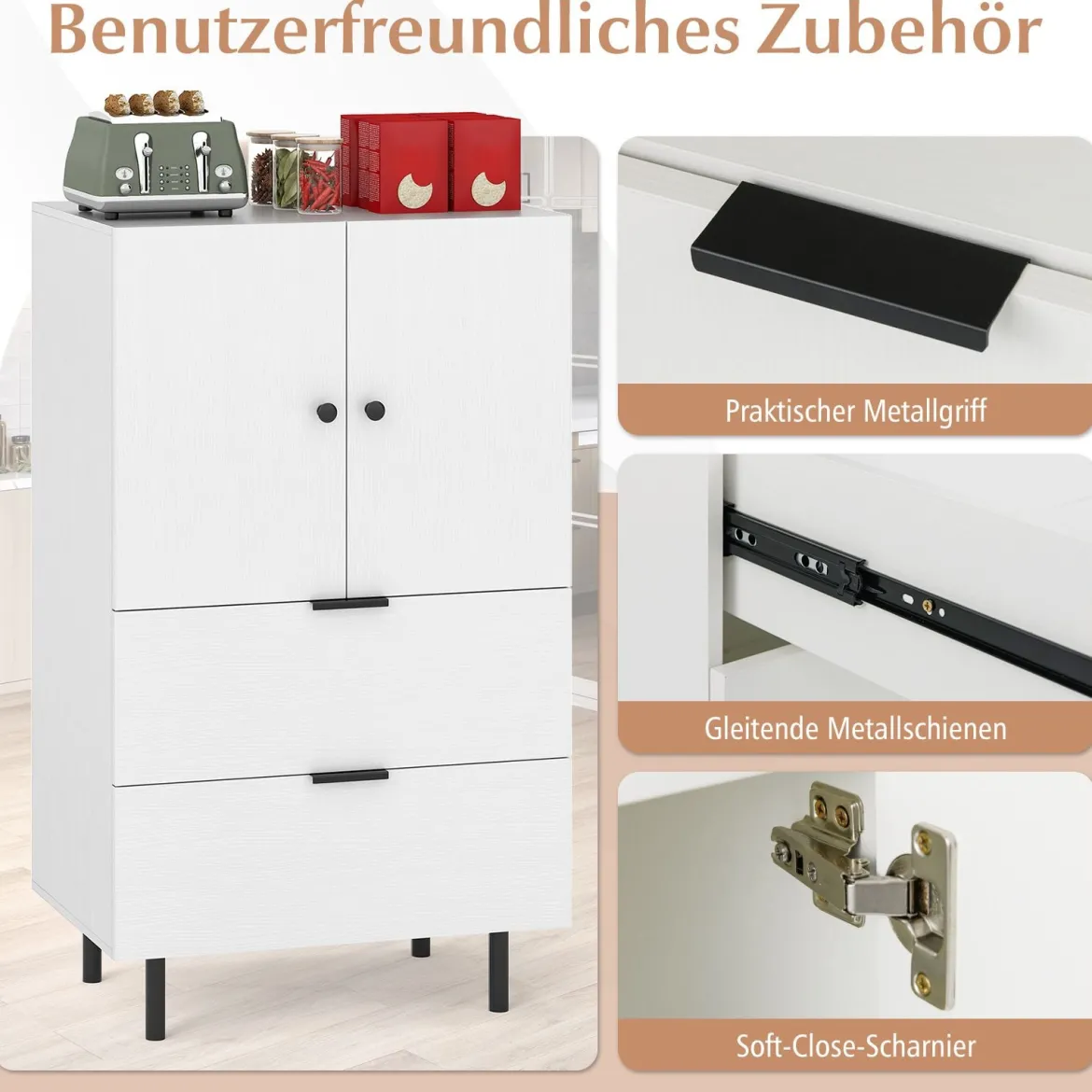 Sideboard Holz mit Metallbeinen Buffetschrank Servierschrank mit Schubladen & Türen 60 x 41,5 x 102 cm Weiß