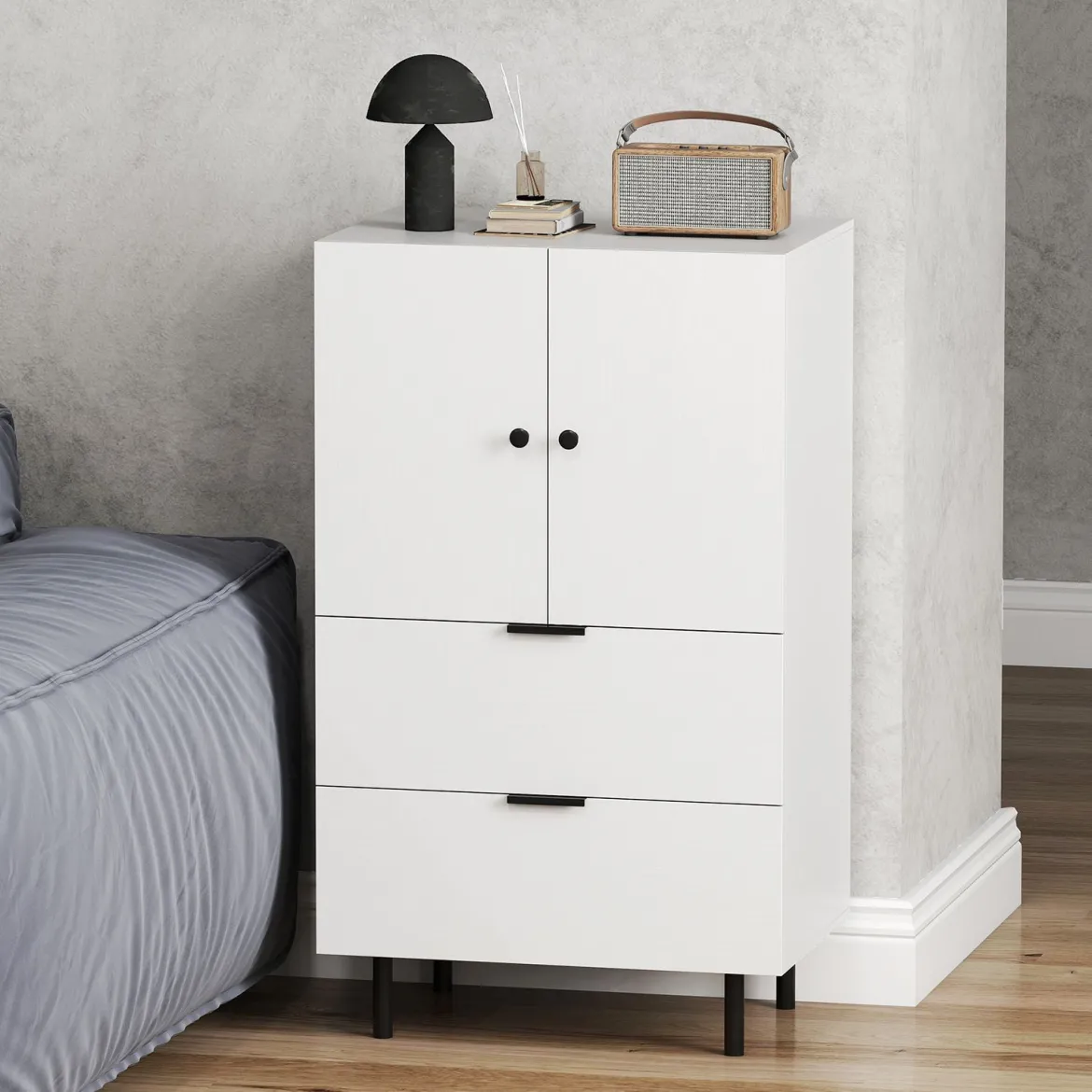 Sideboard Holz mit Metallbeinen Buffetschrank Servierschrank mit Schubladen & Türen 60 x 41,5 x 102 cm Weiß