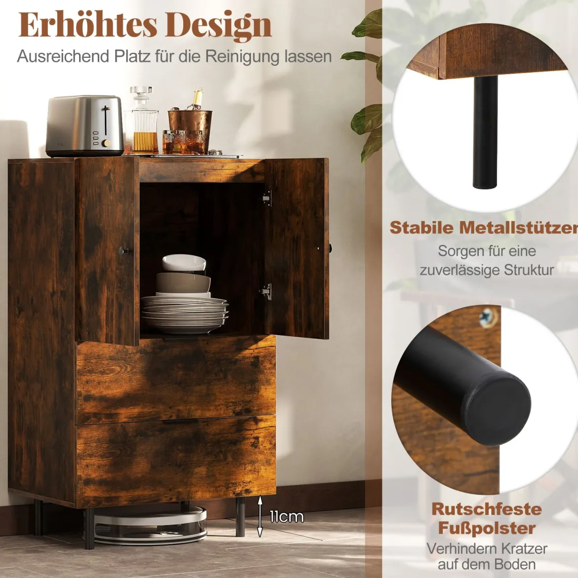 Sideboard Holz mit Metallbeinen Buffetschrank Servierschrank mit Schubladen & Türen 60 x 41,5 x 102 cm Kaffee
