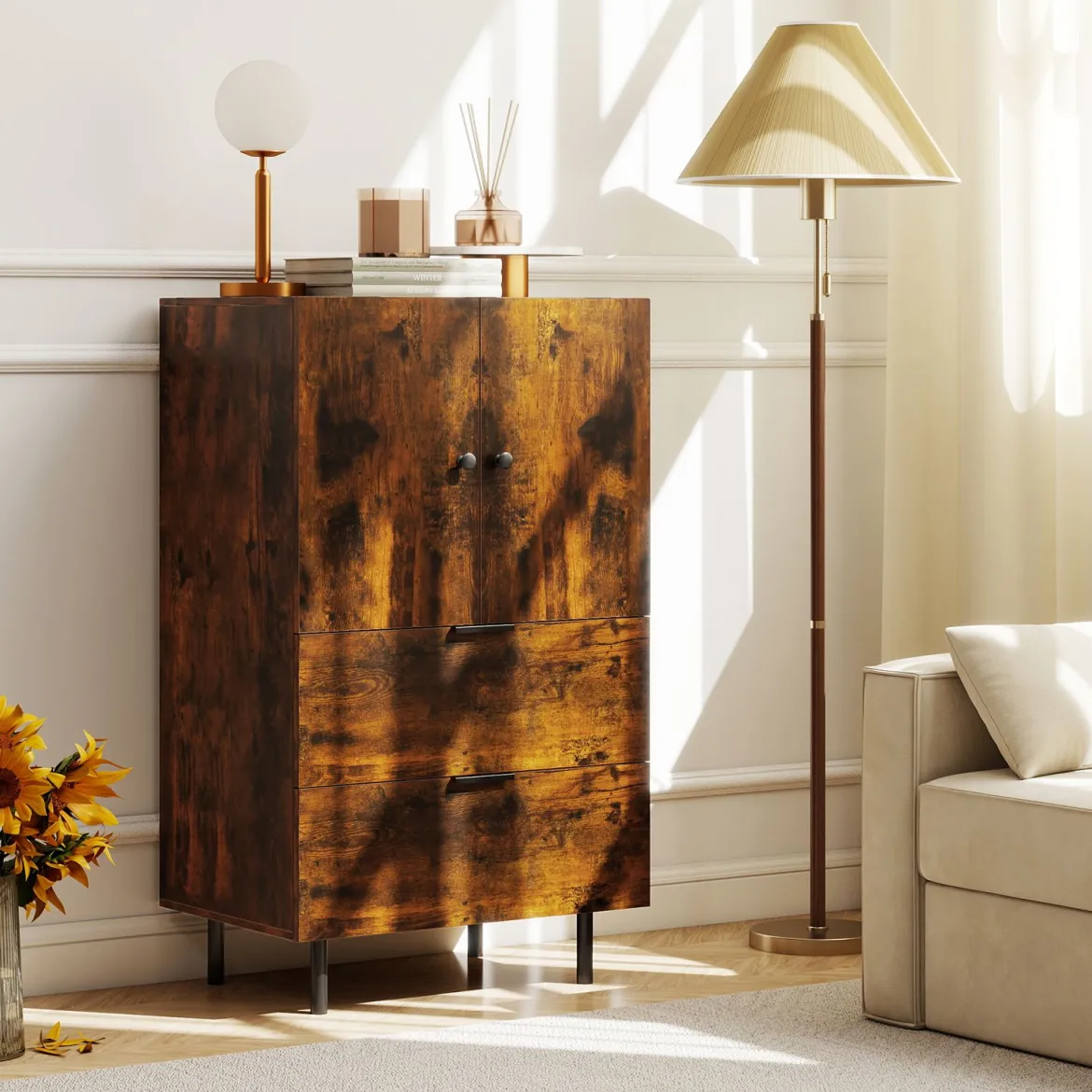 Sideboard Holz mit Metallbeinen Buffetschrank Servierschrank mit Schubladen & Türen 60 x 41,5 x 102 cm Kaffee