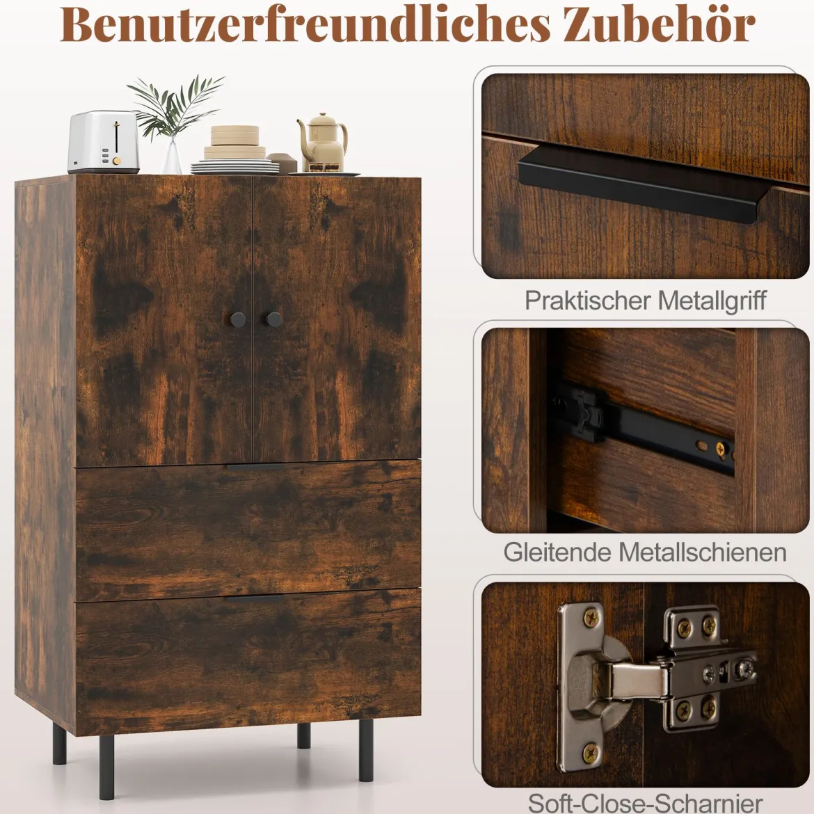 Sideboard Holz mit Metallbeinen Buffetschrank Servierschrank mit Schubladen & Türen 60 x 41,5 x 102 cm Kaffee