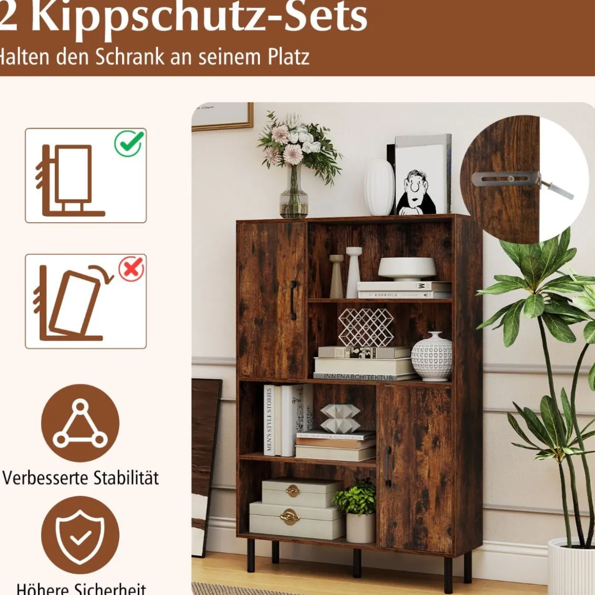 Sideboard Küchenschrank mit 4 Offenen Fächern & 2 Schränken mit Türen Kommode Braun/Schwarz