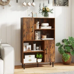 Sideboard Küchenschrank mit 4 Offenen Fächern & 2 Schränken mit Türen Kommode Braun/Schwarz