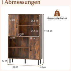 Sideboard Küchenschrank mit 4 Offenen Fächern & 2 Schränken mit Türen Kommode Braun/Schwarz