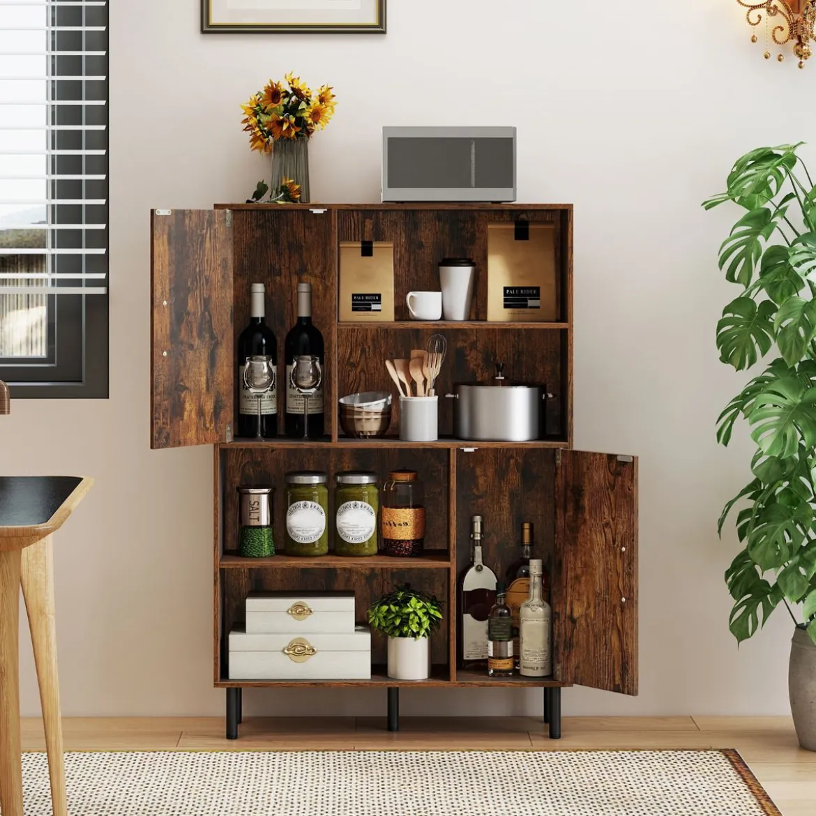 Sideboard Küchenschrank mit 4 Offenen Fächern & 2 Schränken mit Türen Kommode Braun/Schwarz