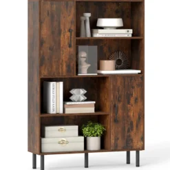 Sideboard Küchenschrank mit 4 Offenen Fächern & 2 Schränken mit Türen Kommode Braun/Schwarz