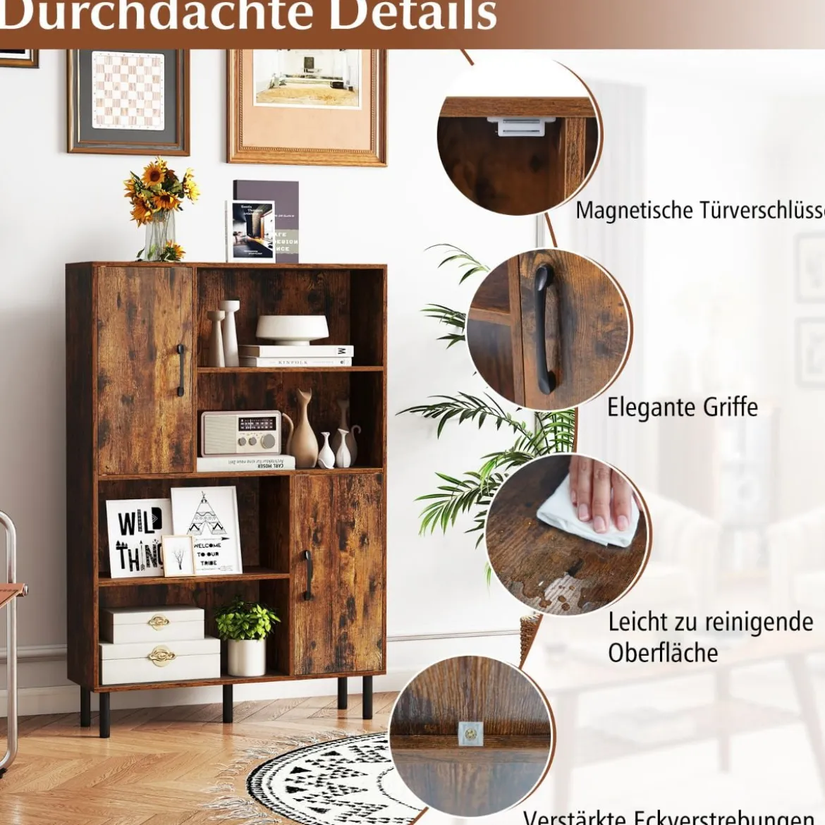 Sideboard Küchenschrank mit 4 Offenen Fächern & 2 Schränken mit Türen Kommode Braun/Schwarz