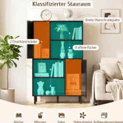 Sideboard Küchenschrank mit 4 Offenen Fächern & 2 Schränken mit Türen Kommode Braun/Schwarz