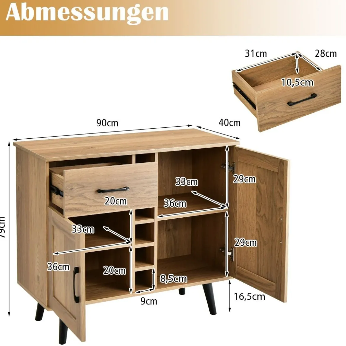 Sideboard Küchenschrank mit Türen und Schubladen Küchekommode im Landhausstil 90 x 40 x 79 cm Natur