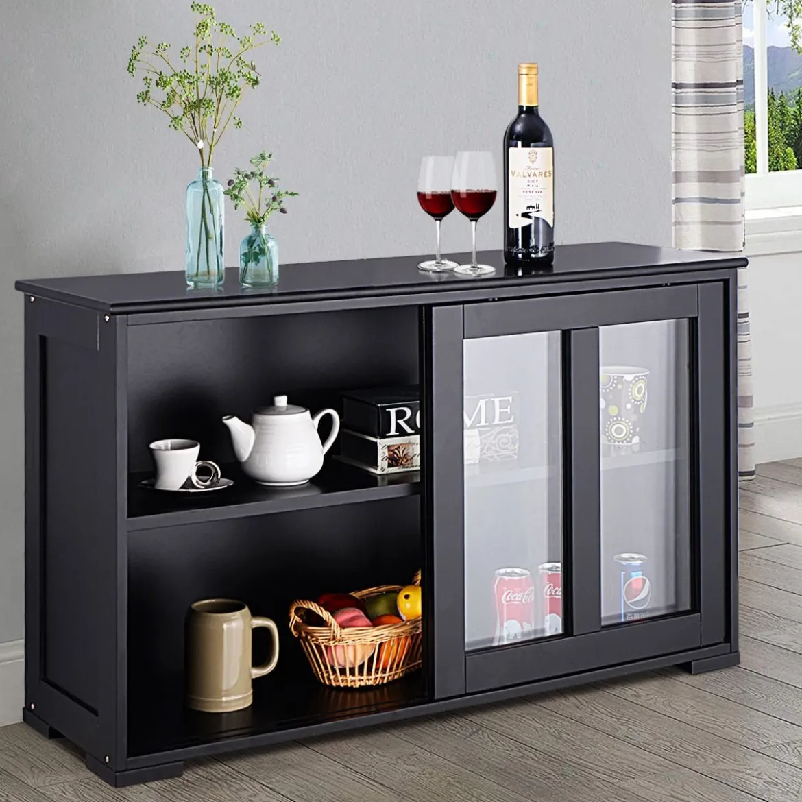 Sideboard Küchenschrank Wohnzimmerregel mit Schiebetüren Schwarz 106,5 x 33 x 62,5 cm