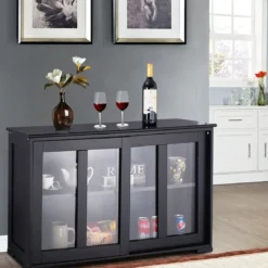 Sideboard Küchenschrank Wohnzimmerregel mit Schiebetüren Schwarz 106,5 x 33 x 62,5 cm