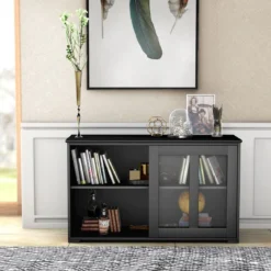 Sideboard Küchenschrank Wohnzimmerregel mit Schiebetüren Schwarz 106,5 x 33 x 62,5 cm