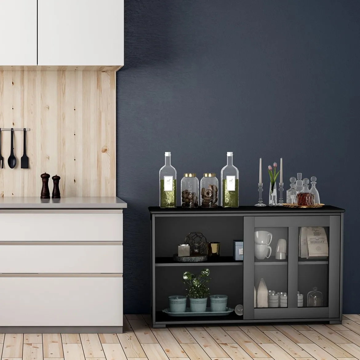 Sideboard Küchenschrank Wohnzimmerregel mit Schiebetüren Schwarz 106,5 x 33 x 62,5 cm