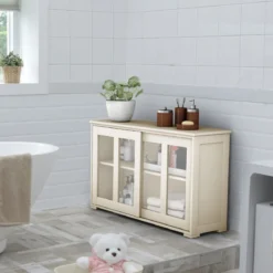 Sideboard Küchenschrank Wohnzimmerregel mit Schiebetüren Cremeweiß 106,5 x 33 x 62,5 cm