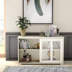 Sideboard Küchenschrank Wohnzimmerregel mit Schiebetüren Cremeweiß 106,5 x 33 x 62,5 cm