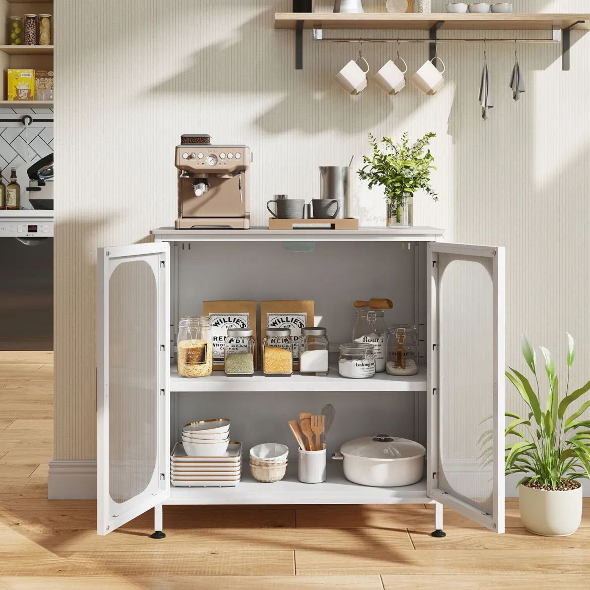 Sideboard Kommode mit Verstellbarer Ablage Buffetschrank mit Halbtransparenter Doppeltür Weiß