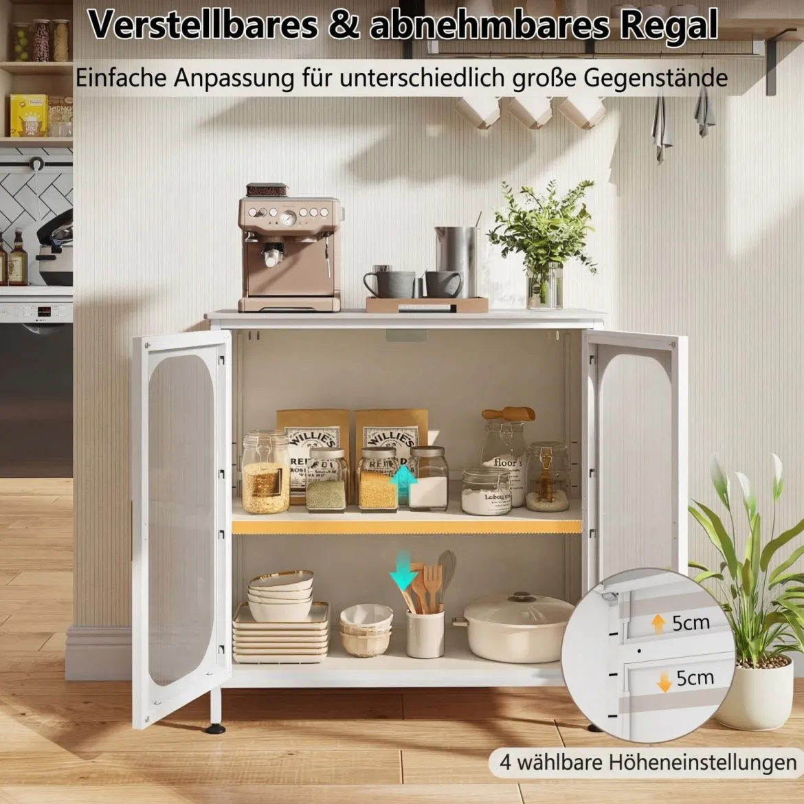 Sideboard Kommode mit Verstellbarer Ablage Buffetschrank mit Halbtransparenter Doppeltür Weiß