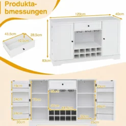 Sideboard mit Abnehmbarem Weinregal Verstellbaren Einlegeböden & Gläserhalter 120 x 40 x 83 cm