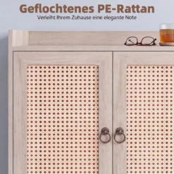 Sideboard mit Rattantüren Küchenschrank Holz mit Arbeitsplatte & Verstellbaren Ablagen 67 × 38 × 77 cm Natur