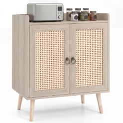 Sideboard mit Rattantüren Küchenschrank Holz mit Arbeitsplatte & Verstellbaren Ablagen 67 × 38 × 77 cm Natur