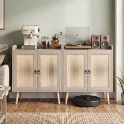 Sideboard mit Rattantüren Küchenschrank Holz mit Arbeitsplatte & Verstellbaren Ablagen 67 × 38 × 77 cm Natur