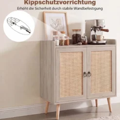 Sideboard mit Rattantüren Küchenschrank Holz mit Arbeitsplatte & Verstellbaren Ablagen 67 × 38 × 77 cm Natur