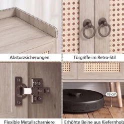 Sideboard mit Rattantüren Küchenschrank Holz mit Arbeitsplatte & Verstellbaren Ablagen 67 × 38 × 77 cm Natur