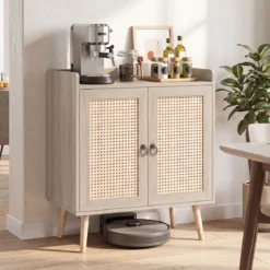 Sideboard mit Rattantüren Küchenschrank Holz mit Arbeitsplatte & Verstellbaren Ablagen 67 × 38 × 77 cm Braun