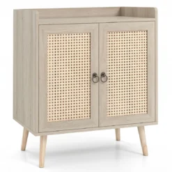 Sideboard mit Rattantüren Küchenschrank Holz mit Arbeitsplatte & Verstellbaren Ablagen 67 × 38 × 77 cm Braun