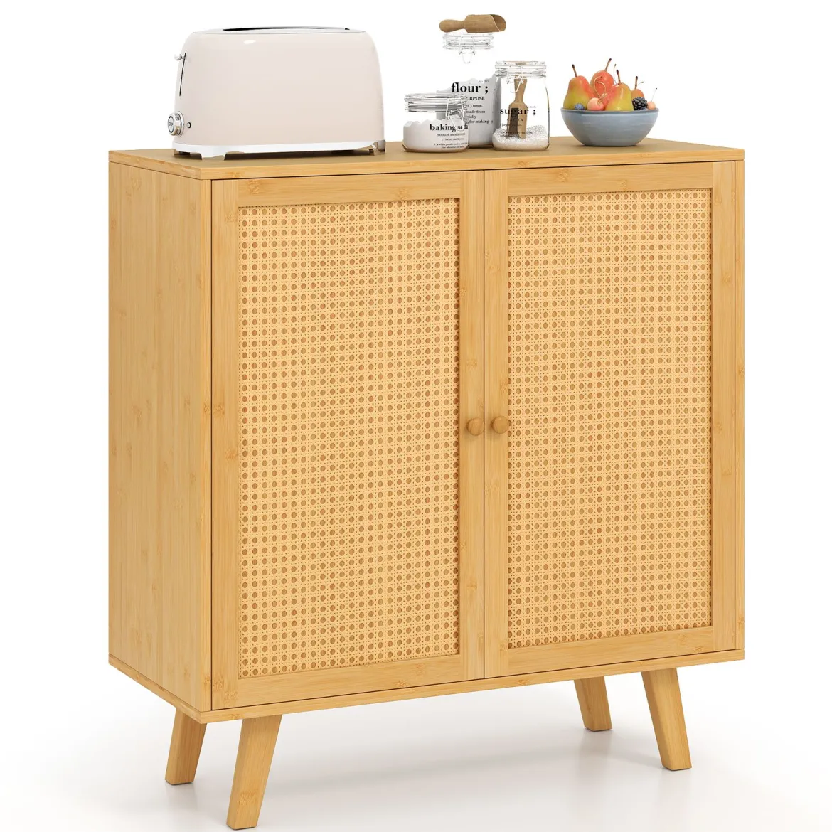 Sideboard mit 2 Rattantüren Küchenschrank aus Bambus mit Arbeitsplatte 80 x 34,5 x 85 cm Natur