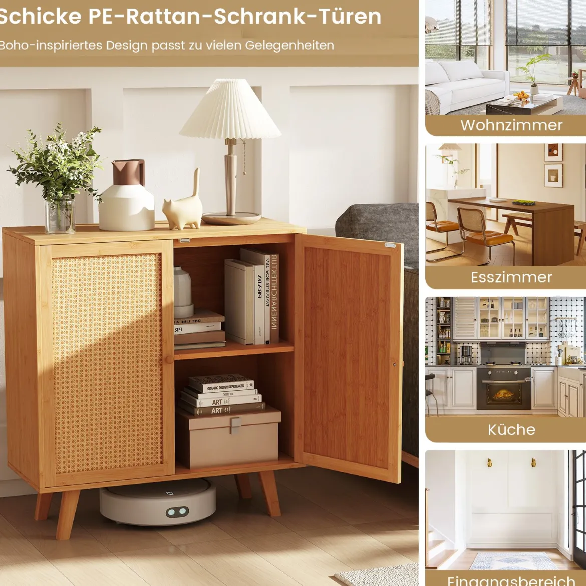 Sideboard mit 2 Rattantüren Küchenschrank aus Bambus mit Arbeitsplatte 80 x 34,5 x 85 cm Natur