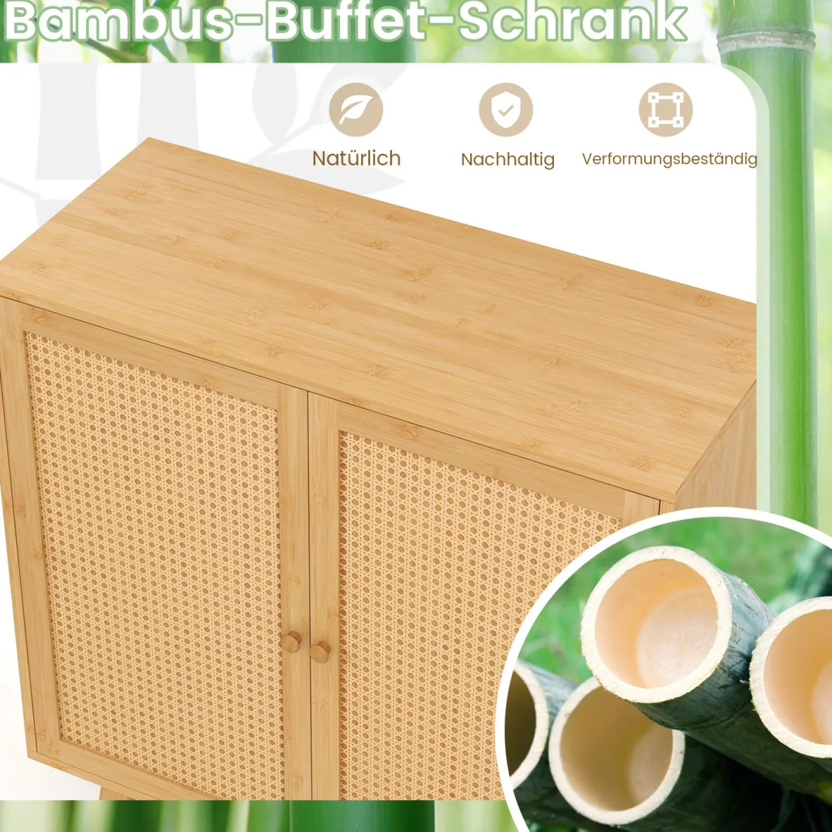 Sideboard mit 2 Rattantüren Küchenschrank aus Bambus mit Arbeitsplatte 80 x 34,5 x 85 cm Natur