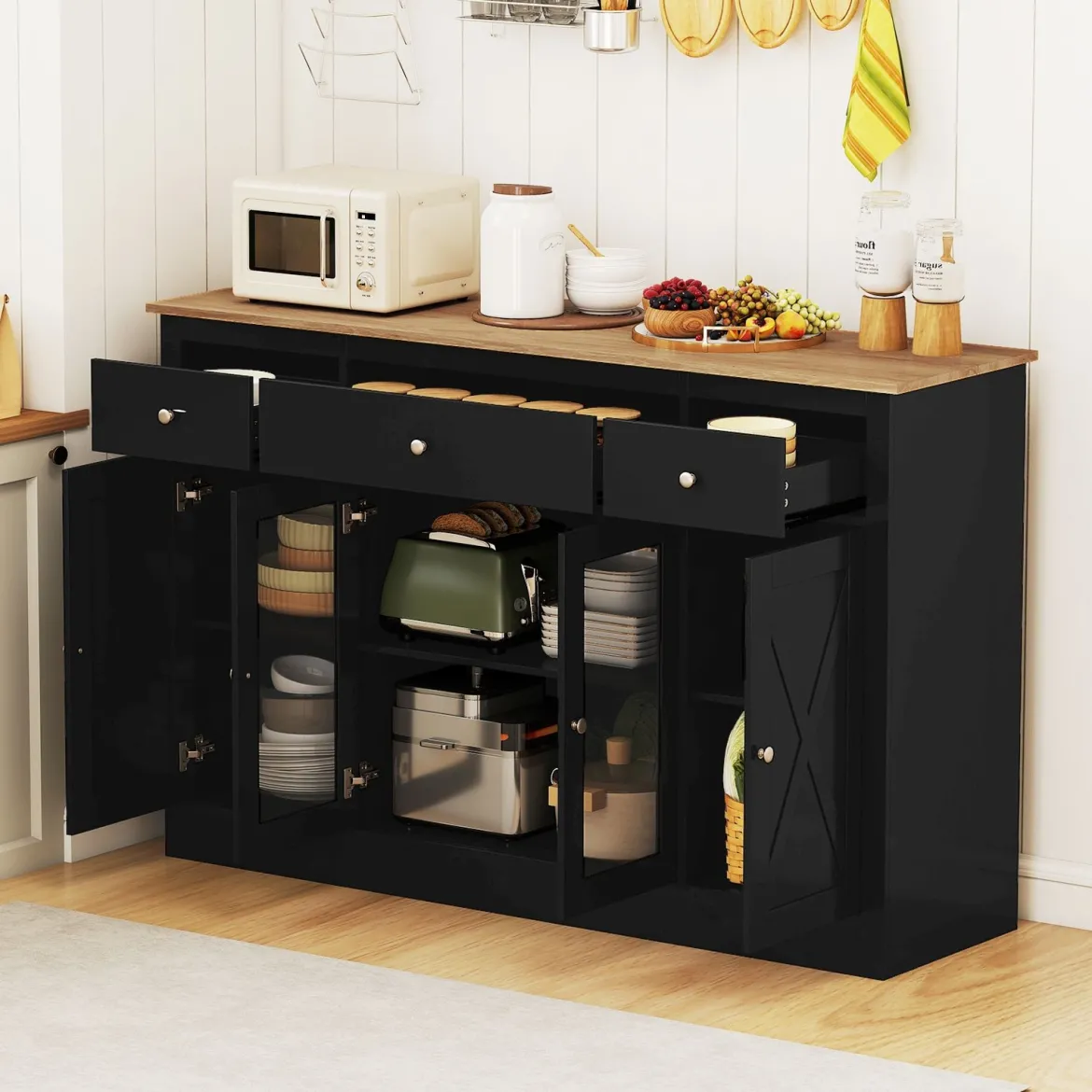 Sideboard mit 3 Schubladen & 2 Glastüren & Verstellbaren Regalen Küchenschrank Schwarz