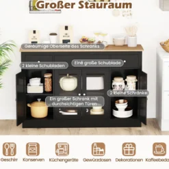 Sideboard mit 3 Schubladen & 2 Glastüren & Verstellbaren Regalen Küchenschrank Schwarz