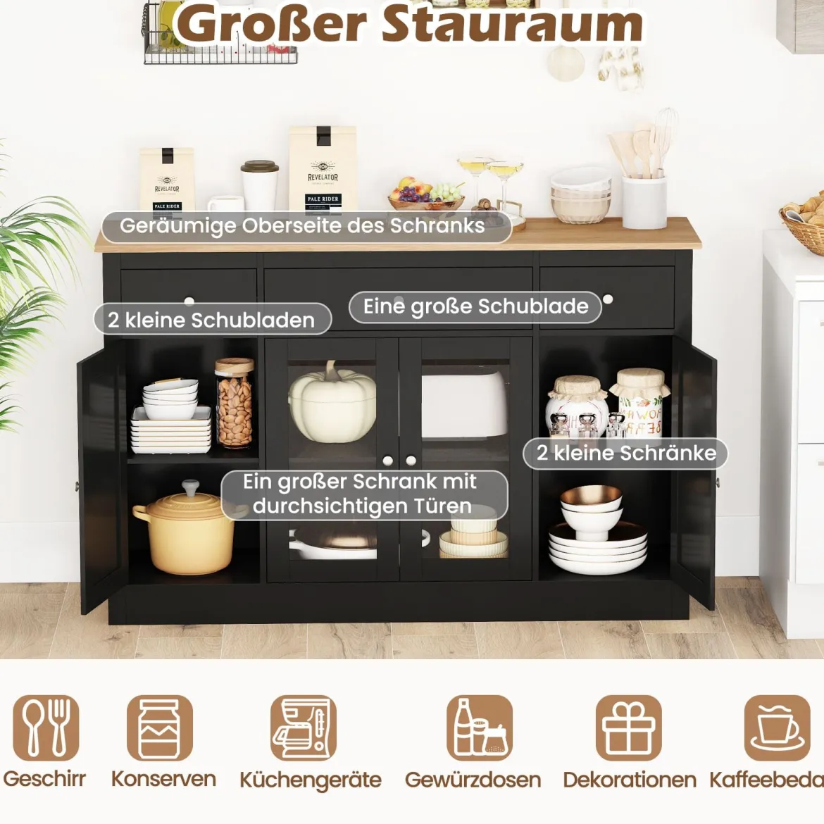 Sideboard mit 3 Schubladen & 2 Glastüren & Verstellbaren Regalen Küchenschrank Schwarz