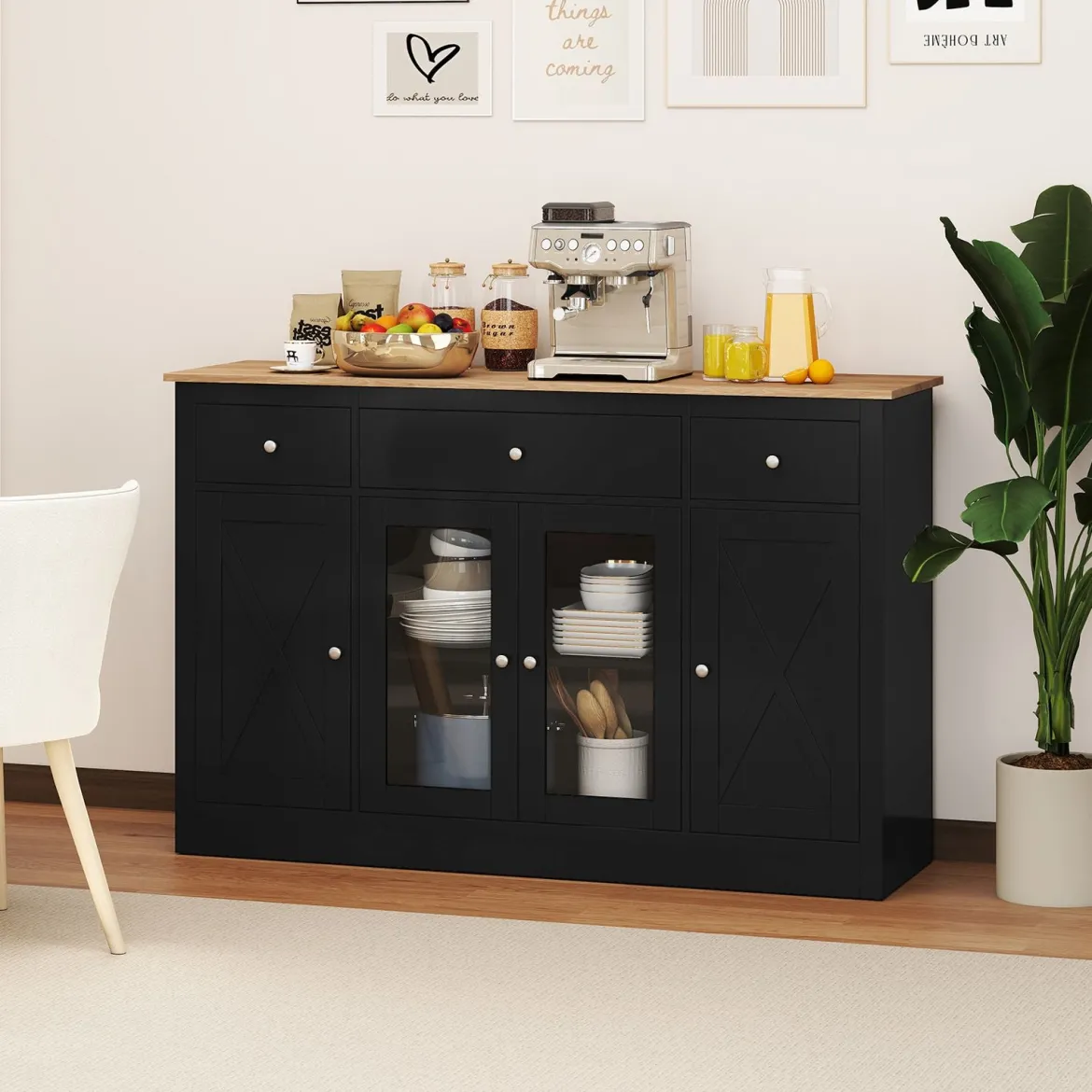 Sideboard mit 3 Schubladen & 2 Glastüren & Verstellbaren Regalen Küchenschrank Schwarz