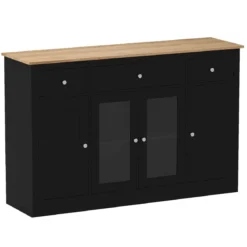Sideboard mit 3 Schubladen & 2 Glastüren & Verstellbaren Regalen Küchenschrank Schwarz