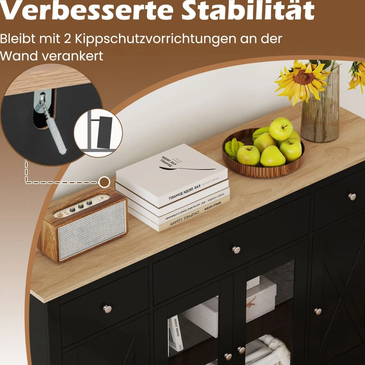 Sideboard mit 3 Schubladen & 2 Glastüren & Verstellbaren Regalen Küchenschrank Schwarz