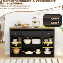 Sideboard mit 3 Schubladen & 2 Glastüren & Verstellbaren Regalen Küchenschrank Schwarz