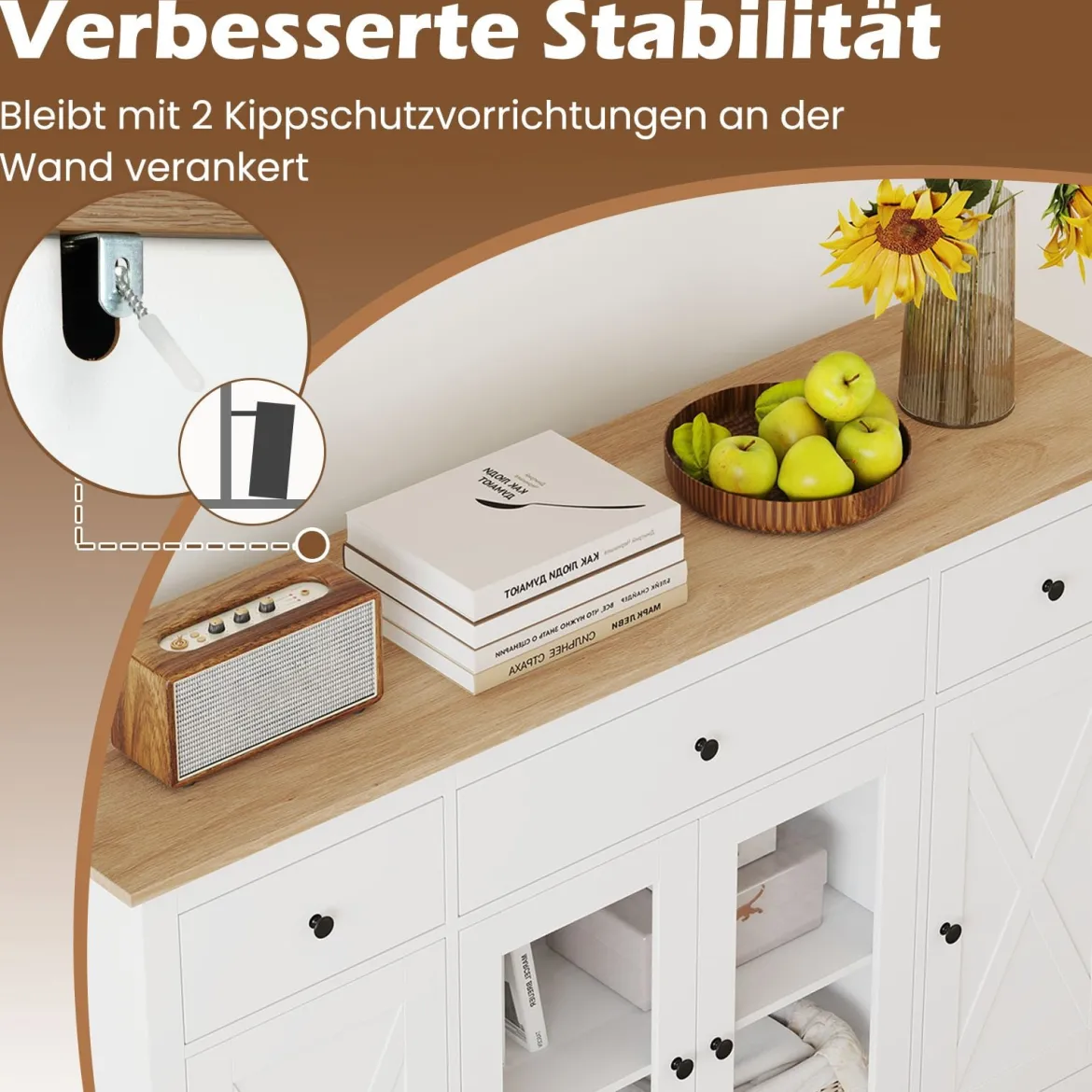Sideboard mit 3 Schubladen & 2 Glastüren & Verstellbaren Regalen Küchenschrank Weiß