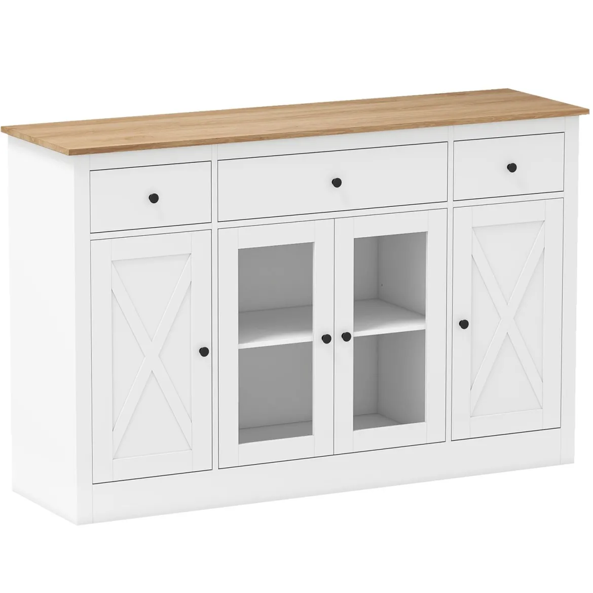 Sideboard mit 3 Schubladen & 2 Glastüren & Verstellbaren Regalen Küchenschrank Weiß