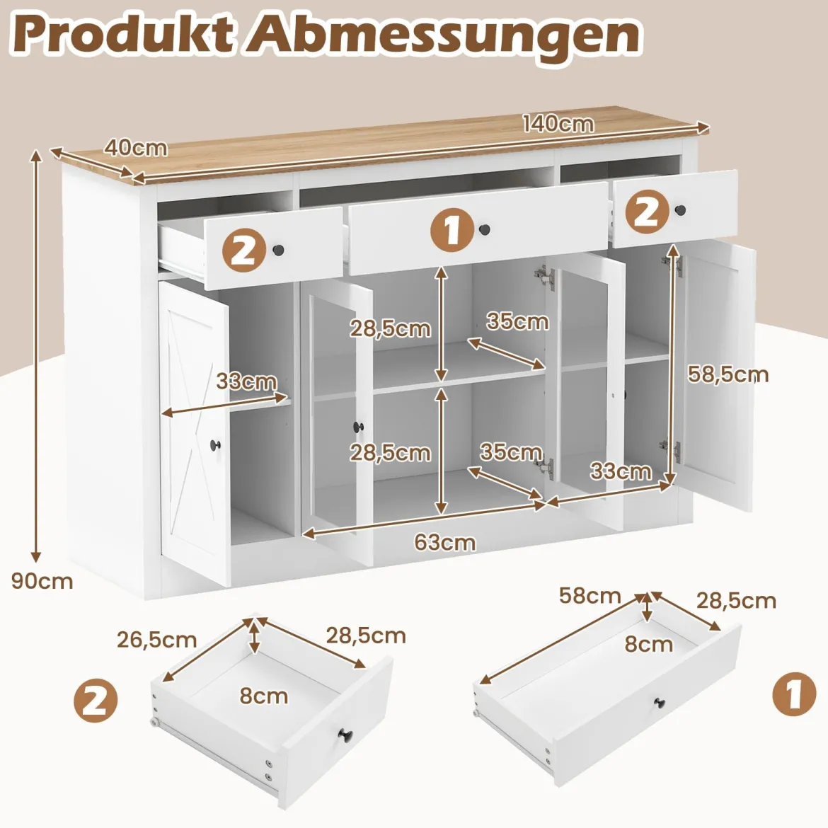 Sideboard mit 3 Schubladen & 2 Glastüren & Verstellbaren Regalen Küchenschrank Weiß