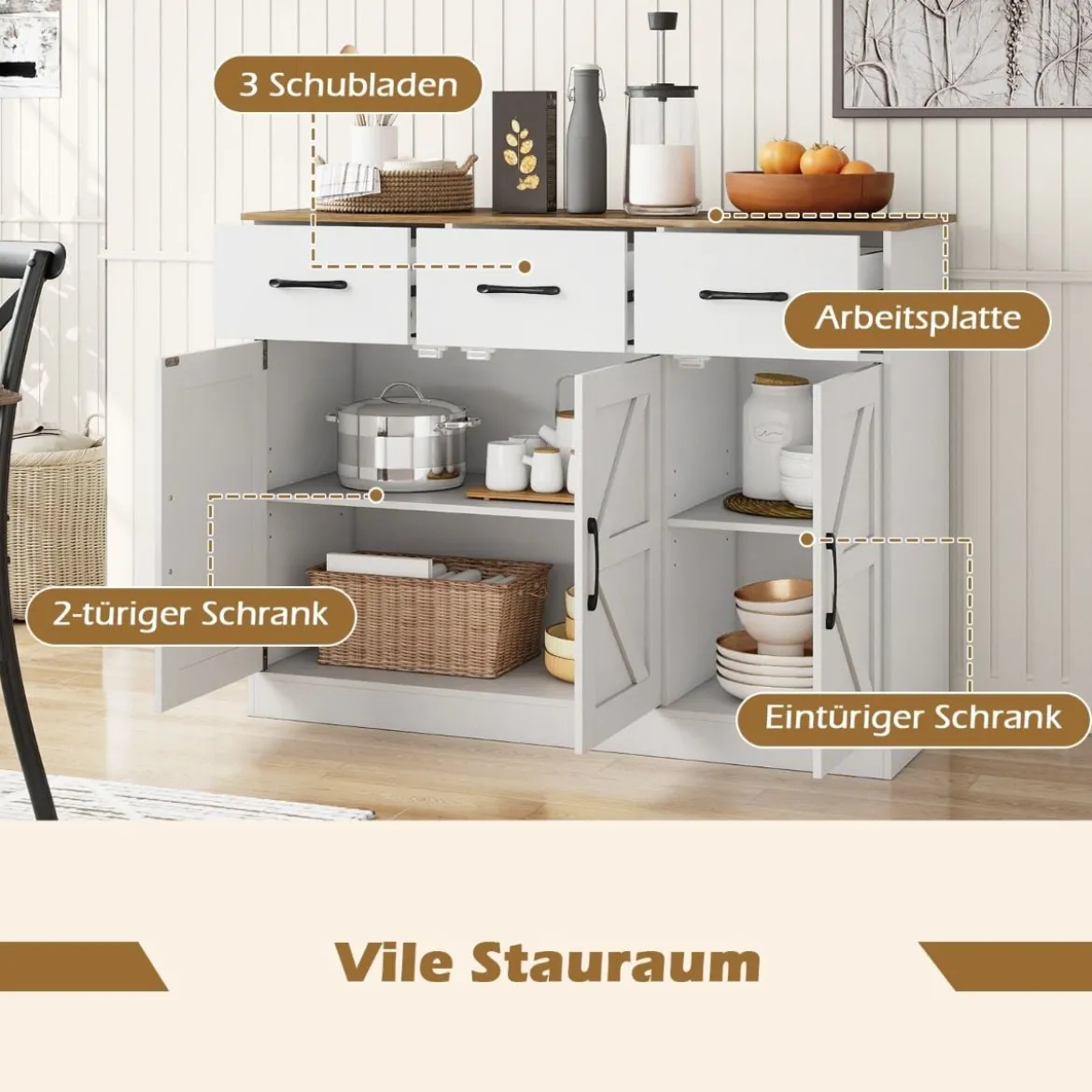 Sideboard mit 3 Schubladen & 3 Türen & Arbeitsplatte & Verstellbaren Regalen Küchenschrank Weiß