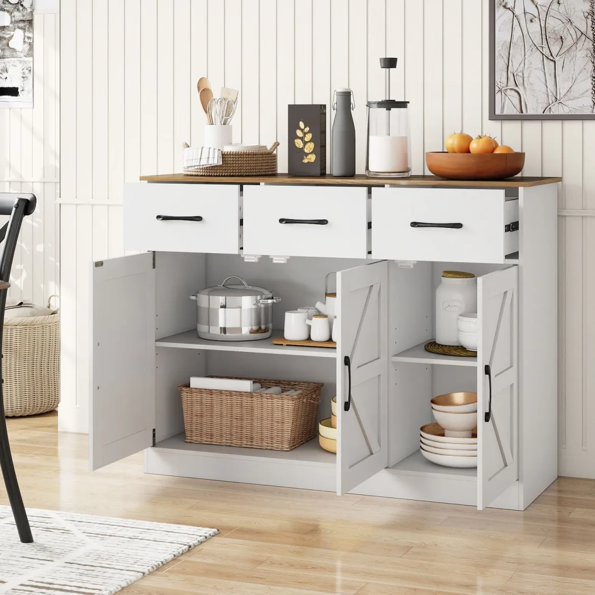 Sideboard mit 3 Schubladen & 3 Türen & Arbeitsplatte & Verstellbaren Regalen Küchenschrank Weiß