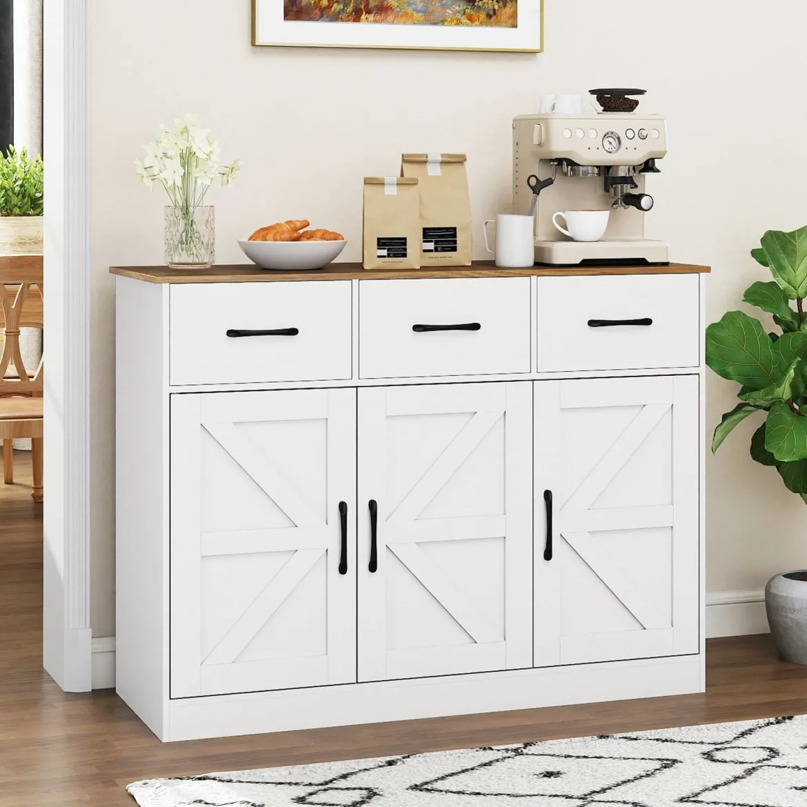 Sideboard mit 3 Schubladen & 3 Türen & Arbeitsplatte & Verstellbaren Regalen Küchenschrank Weiß