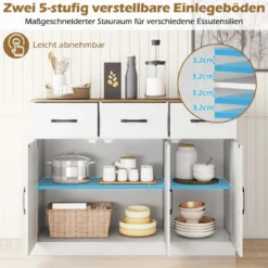 Sideboard mit 3 Schubladen & 3 Türen & Arbeitsplatte & Verstellbaren Regalen Küchenschrank Weiß